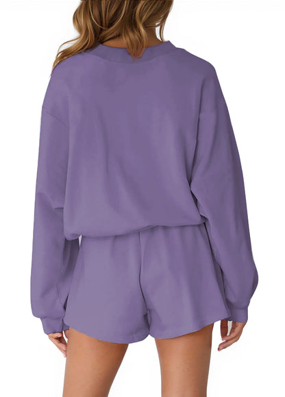 Cozy Two-Piece Pajama Set for Women - Long Sleeve Sweatshirt and Shorts Lounge Outfit for Fall