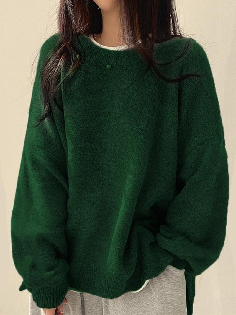 Chic Women's Drop Shoulder Split Hem Sweater - Cozy Long Sleeve Jumper for Fall & Winter Fashion