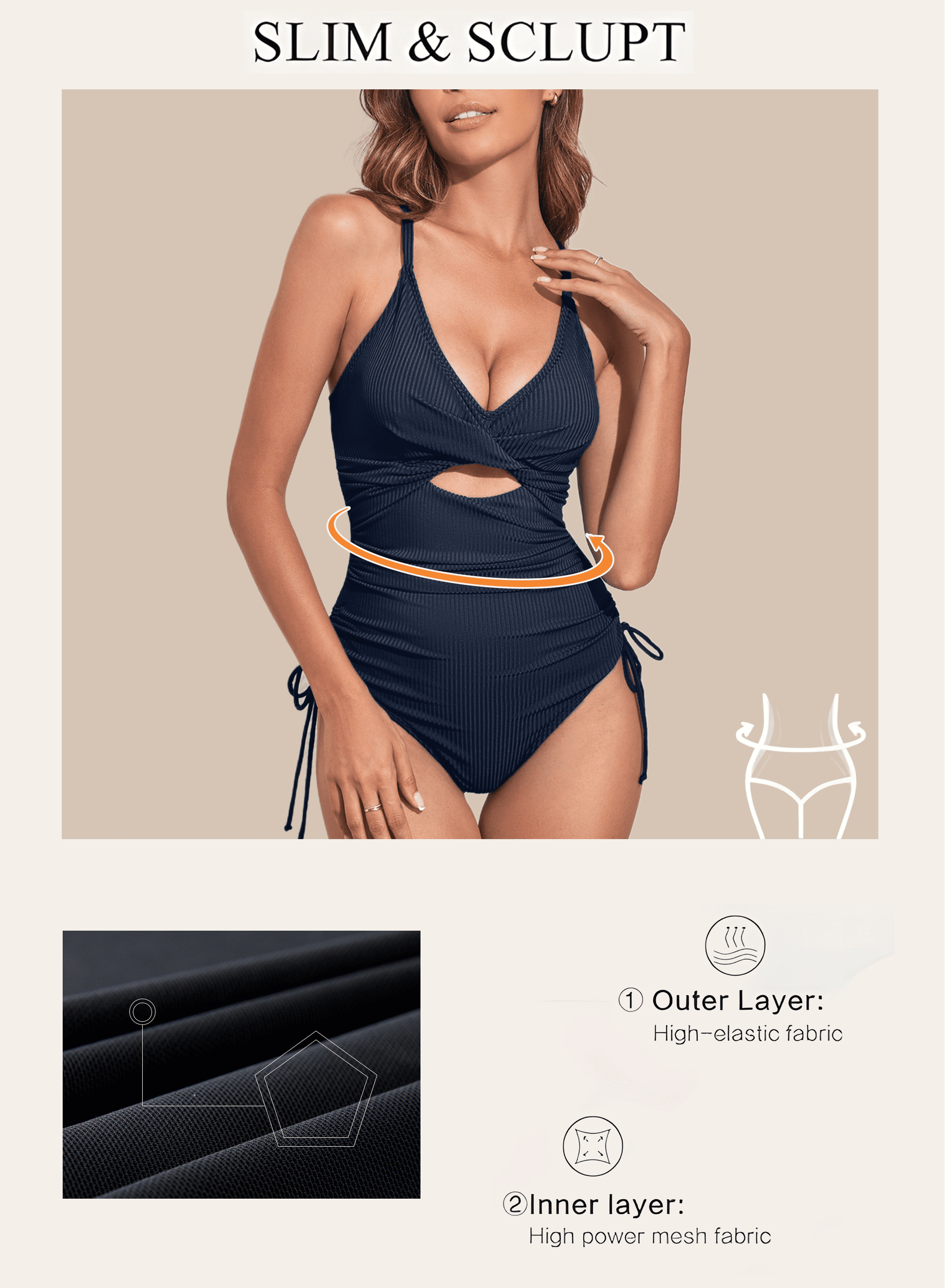 Sleek Ribbed Tummy Control One Piece Swimsuit - Sexy V Neck Criss Cross Monokini in Brown, Size S