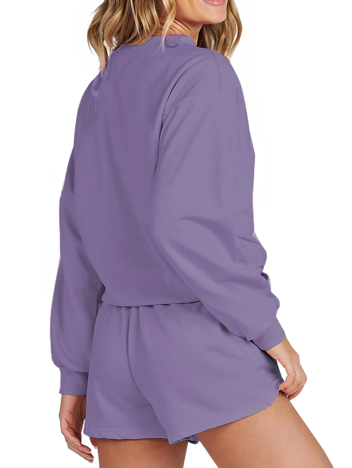 Cozy Two-Piece Pajama Set for Women - Long Sleeve Sweatshirt and Shorts Lounge Outfit for Fall