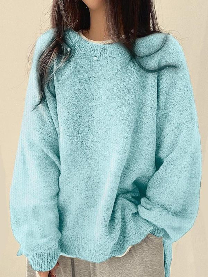 Chic Women's Drop Shoulder Split Hem Sweater - Cozy Long Sleeve Jumper for Fall & Winter Fashion
