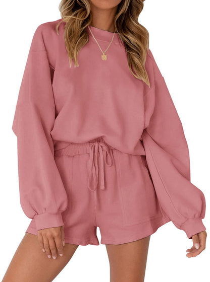 Cozy Two-Piece Pajama Set for Women - Long Sleeve Sweatshirt and Shorts Lounge Outfit for Fall
