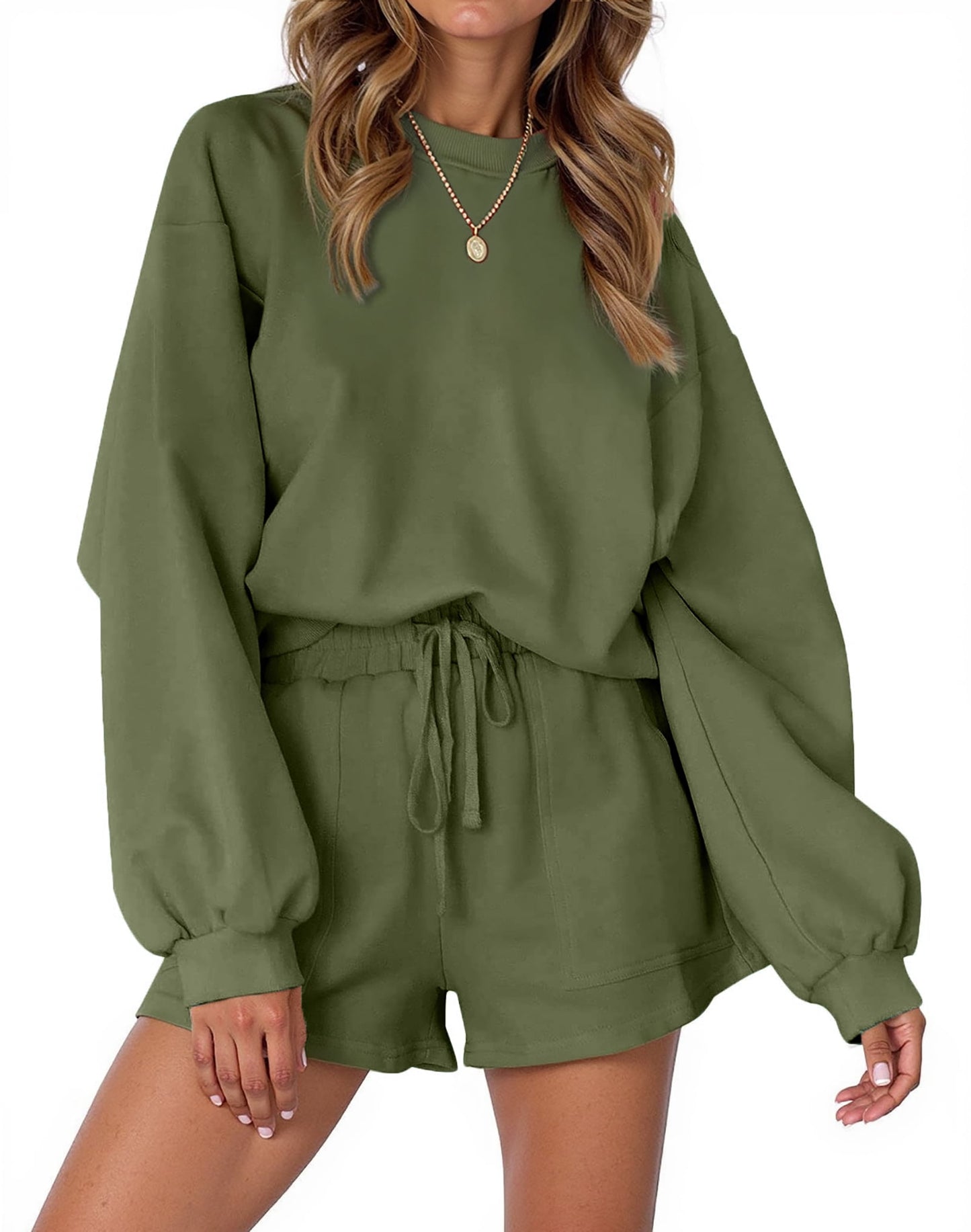 Cozy Two-Piece Pajama Set for Women - Long Sleeve Sweatshirt and Shorts Lounge Outfit for Fall