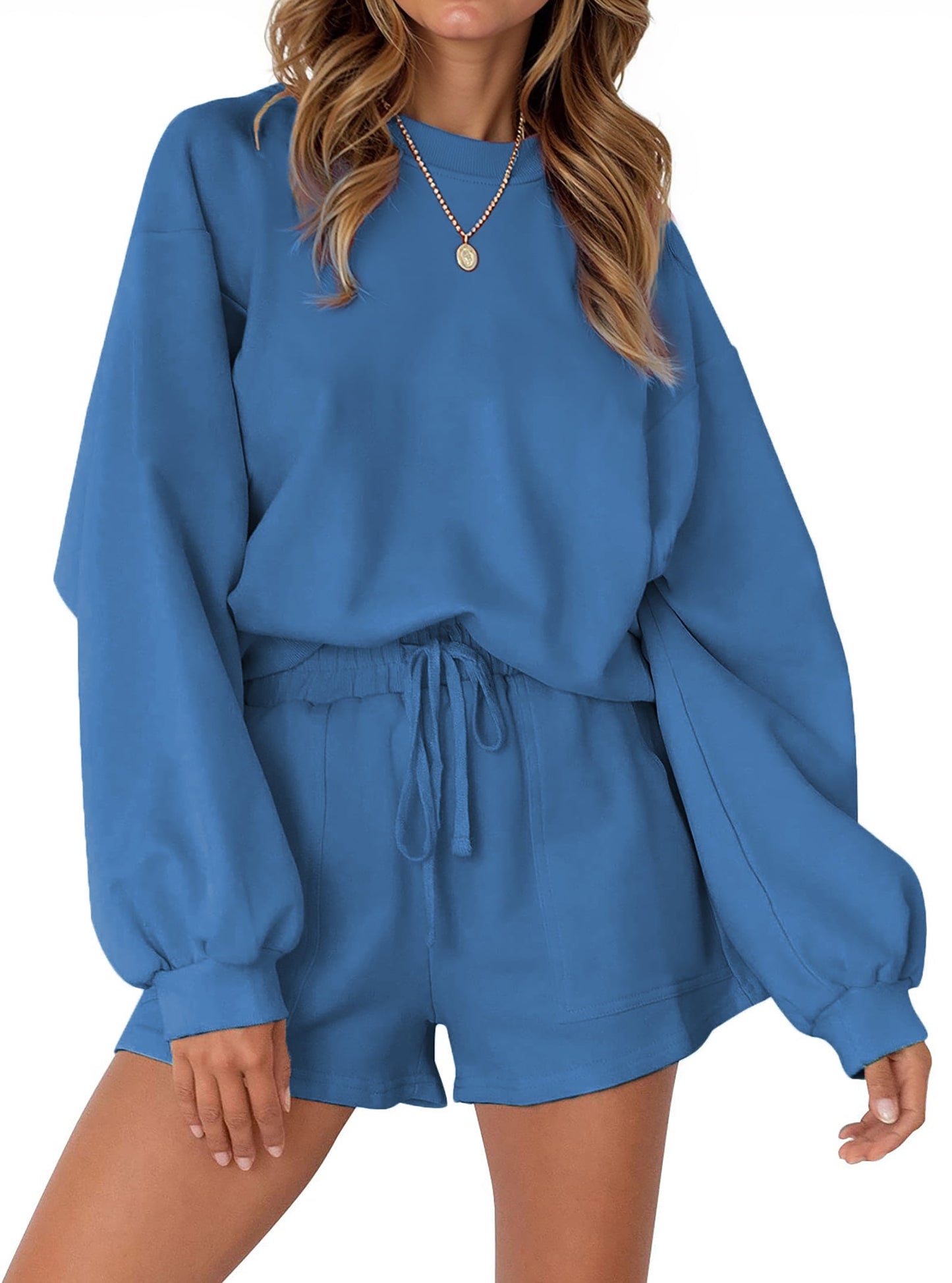 Cozy Two-Piece Pajama Set for Women - Long Sleeve Sweatshirt and Shorts Lounge Outfit for Fall