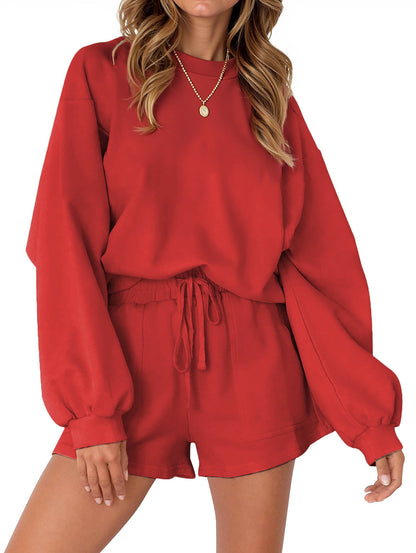 Cozy Two-Piece Pajama Set for Women - Long Sleeve Sweatshirt and Shorts Lounge Outfit for Fall