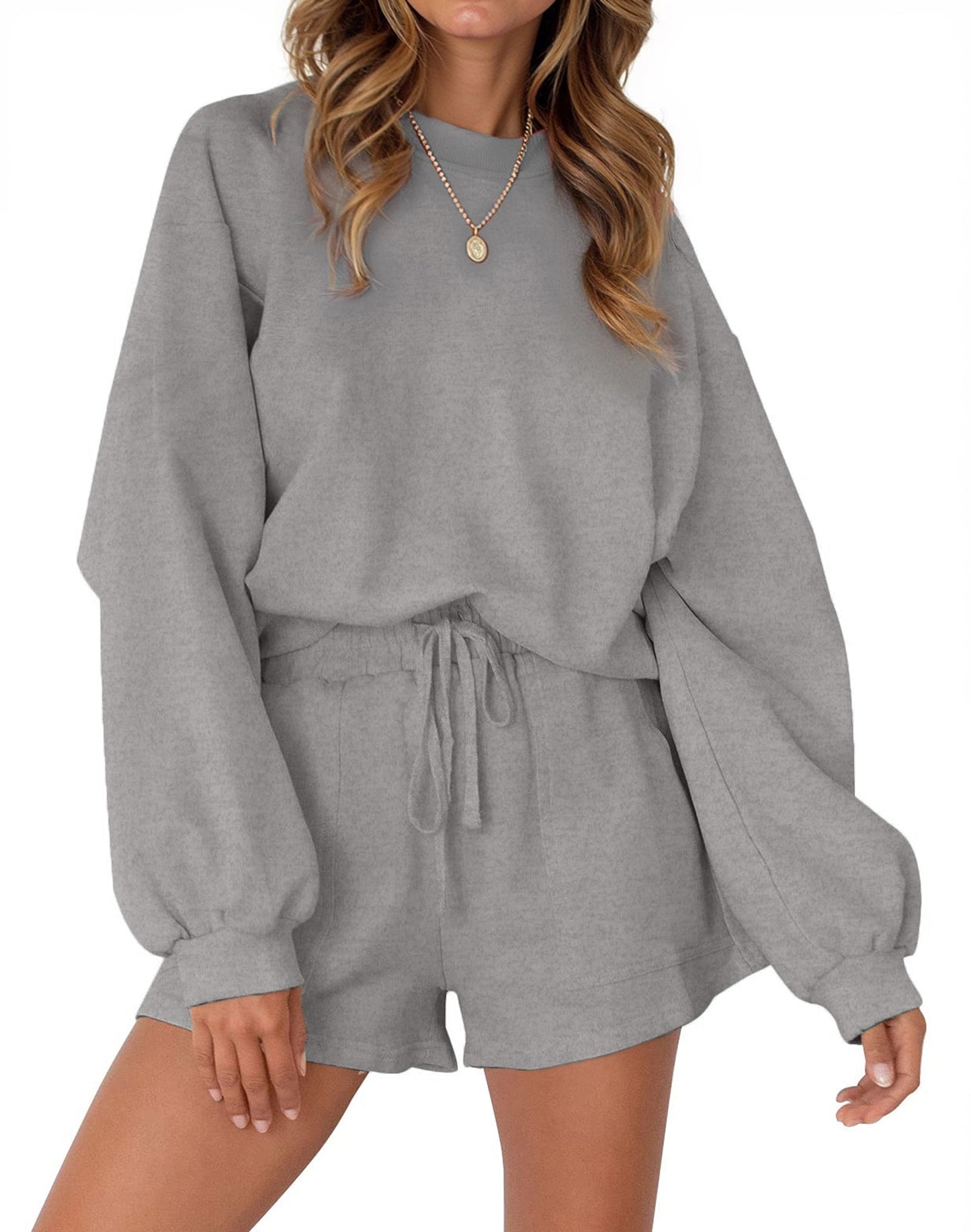 Cozy Two-Piece Pajama Set for Women - Long Sleeve Sweatshirt and Shorts Lounge Outfit for Fall