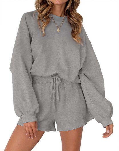 Cozy Two-Piece Pajama Set for Women - Long Sleeve Sweatshirt and Shorts Lounge Outfit for Fall