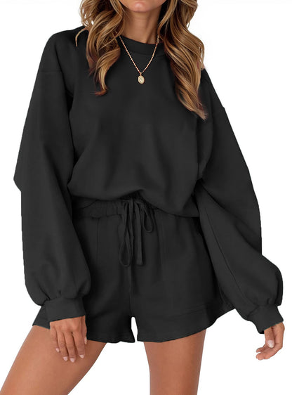 Cozy Two-Piece Pajama Set for Women - Long Sleeve Sweatshirt and Shorts Lounge Outfit for Fall
