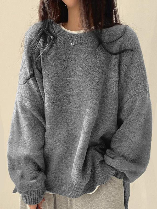 Chic Women's Drop Shoulder Split Hem Sweater - Cozy Long Sleeve Jumper for Fall & Winter Fashion