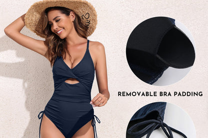 Sleek Ribbed Tummy Control One Piece Swimsuit - Sexy V Neck Criss Cross Monokini in Brown, Size S