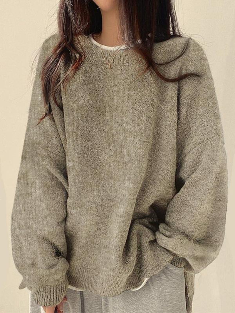 Chic Women's Drop Shoulder Split Hem Sweater - Cozy Long Sleeve Jumper for Fall & Winter Fashion