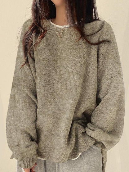 Chic Women's Drop Shoulder Split Hem Sweater - Cozy Long Sleeve Jumper for Fall & Winter Fashion