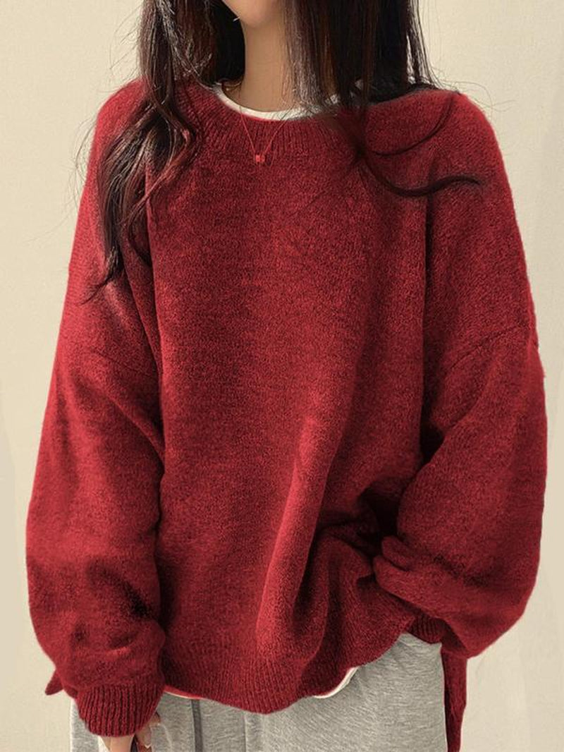 Chic Women's Drop Shoulder Split Hem Sweater - Cozy Long Sleeve Jumper for Fall & Winter Fashion