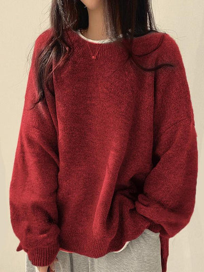 Chic Women's Drop Shoulder Split Hem Sweater - Cozy Long Sleeve Jumper for Fall & Winter Fashion